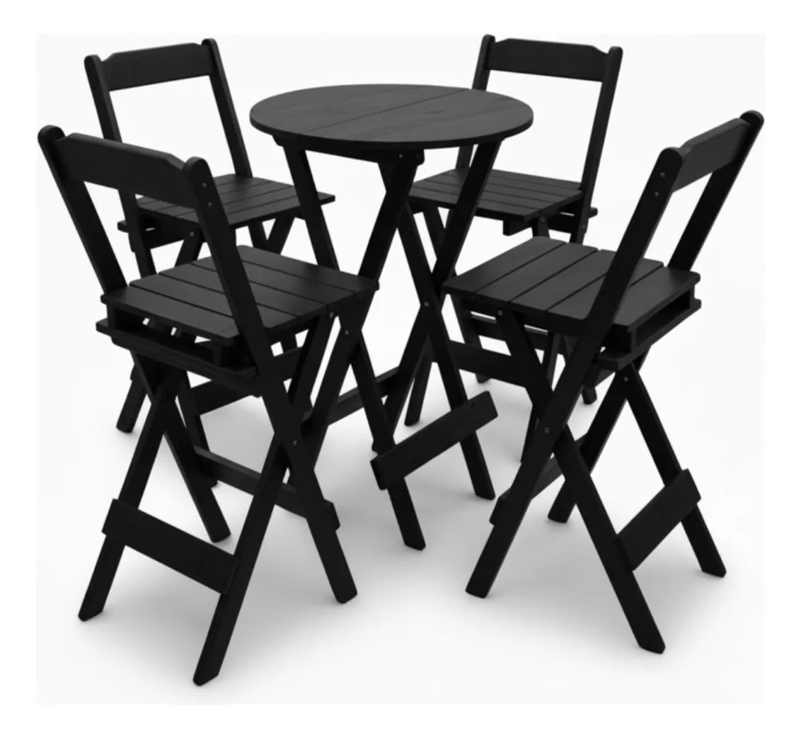 Jogo Mesa Dobravel Bistrô C/4 Banquetas Altas Madeira Maciça - Cor PRETO