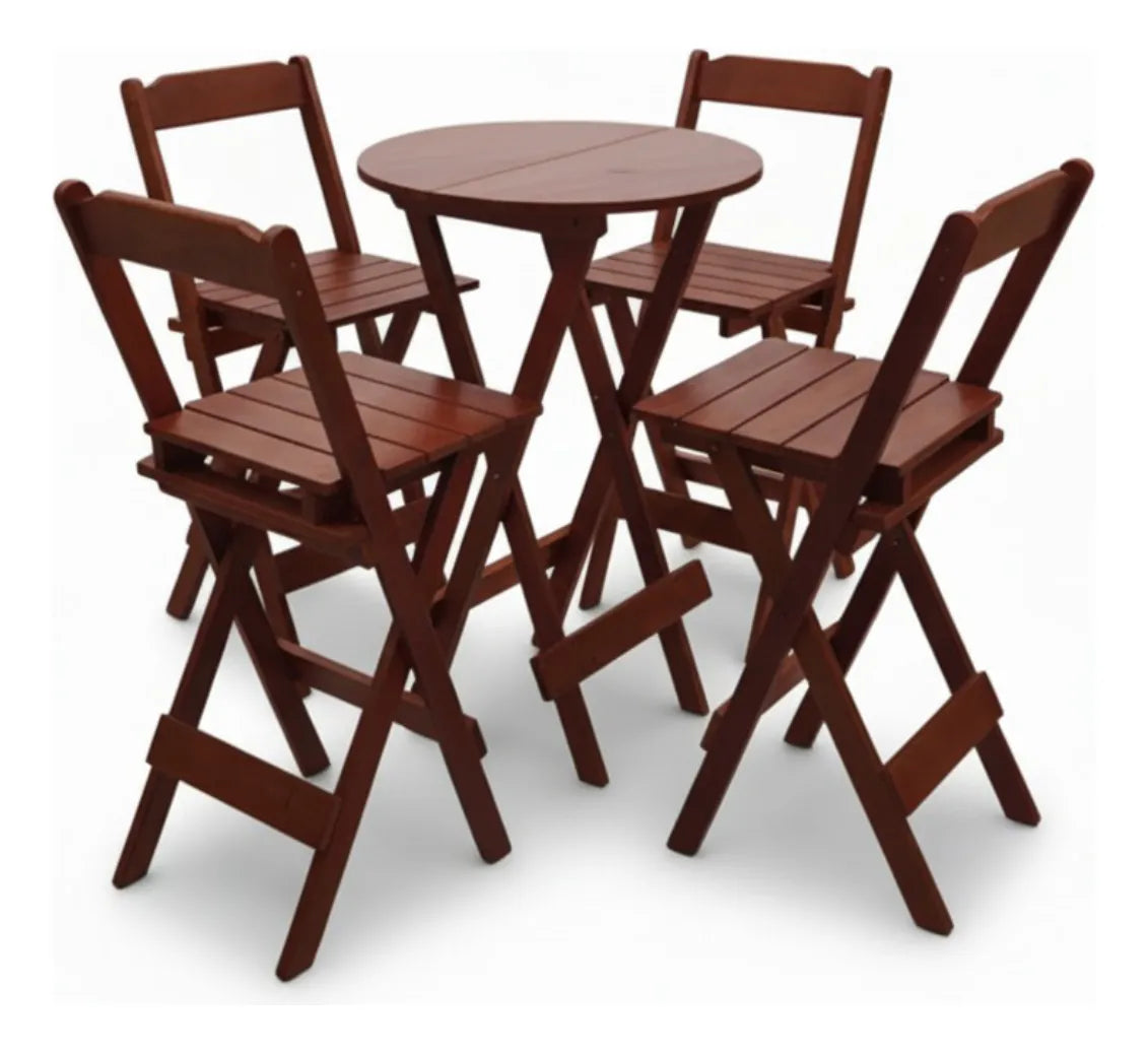 Jogo Mesa Dobravel Bistrô C/4 Banquetas Altas Madeira Maciça - COR: IMBUIA
