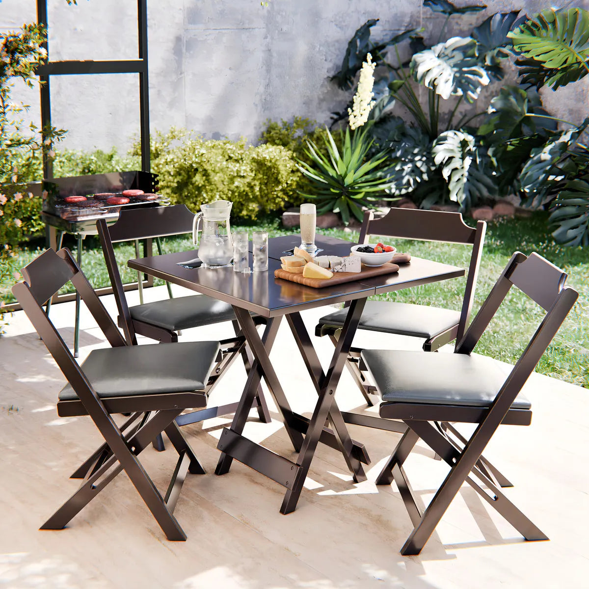 Conjunto Dobrável Madeira Maciça 70X70cm, 4 Cadeiras - Estofado Preto