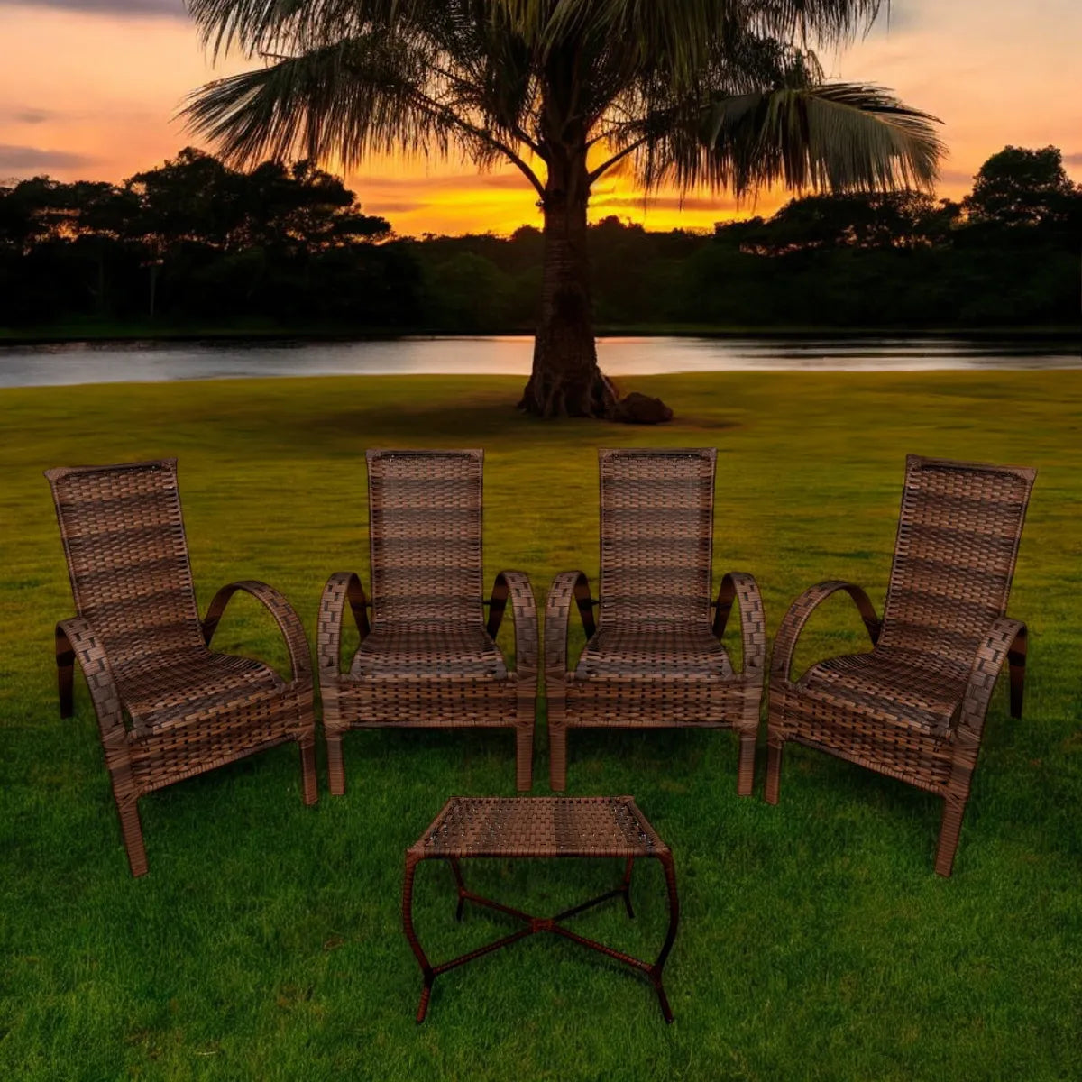 Kit com 4 cadeiras de Fibra Sintética JUNCO de alta qualidade + 1 Mesa de fibra Brinde, Cor - AMÊNDOAS CHOCOLATE