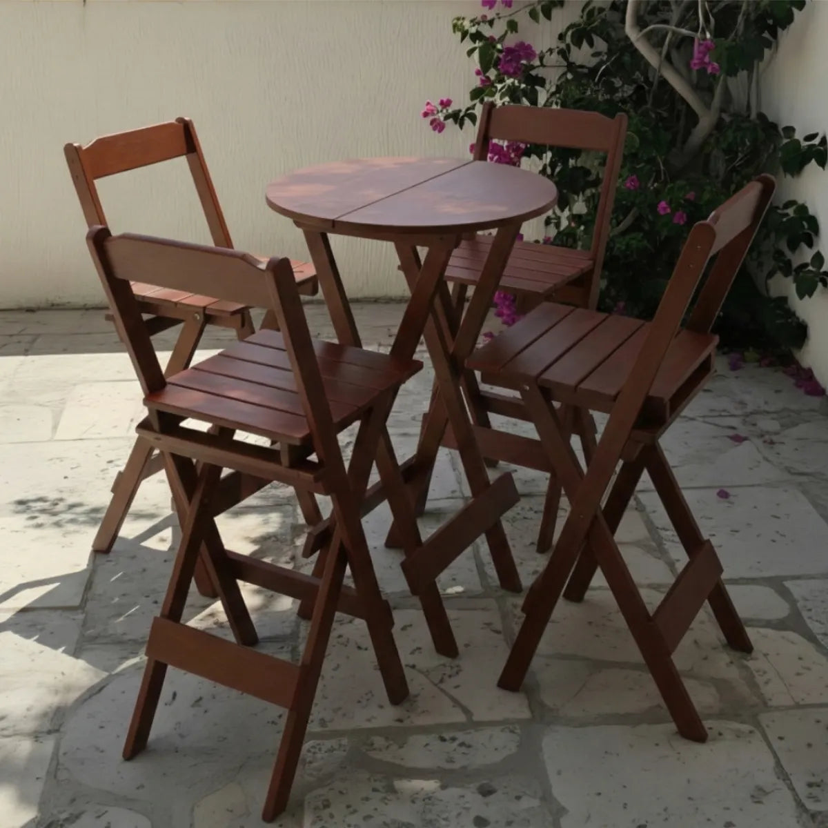 Jogo Mesa Dobravel Bistrô C/4 Banquetas Altas Madeira Maciça - COR: IMBUIA