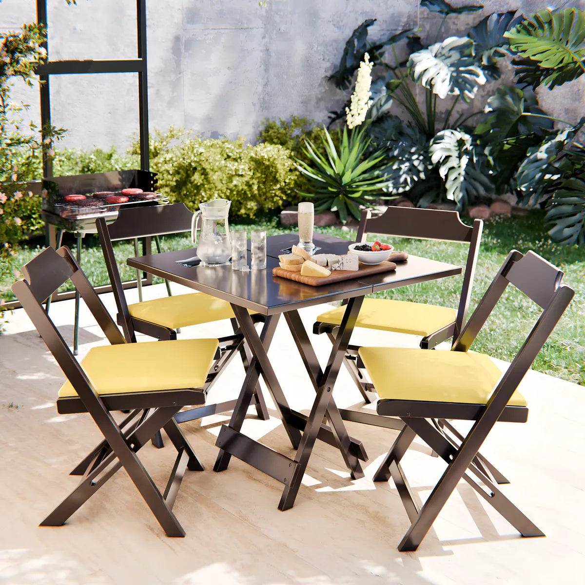 Conjunto Dobrável Madeira Maciça 70X70cm, 4 Cadeiras - Estofado Amarelo