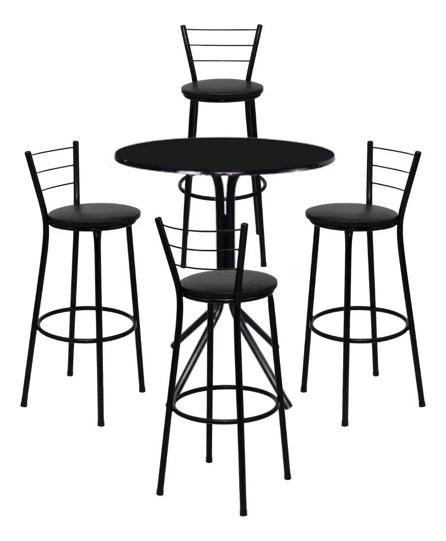 [PRETO] - Jogo 4 Banqueta Alta 3 Arames Clássica + Mesa Bistrô Redonda