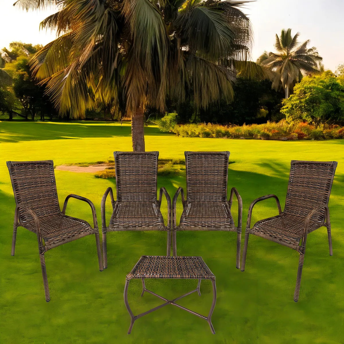 Kit 4 Cadeiras TRAMA, Fibra sintética Alta Qualidade 86cm Amêndoa Castanho + 1 Mesa brinde