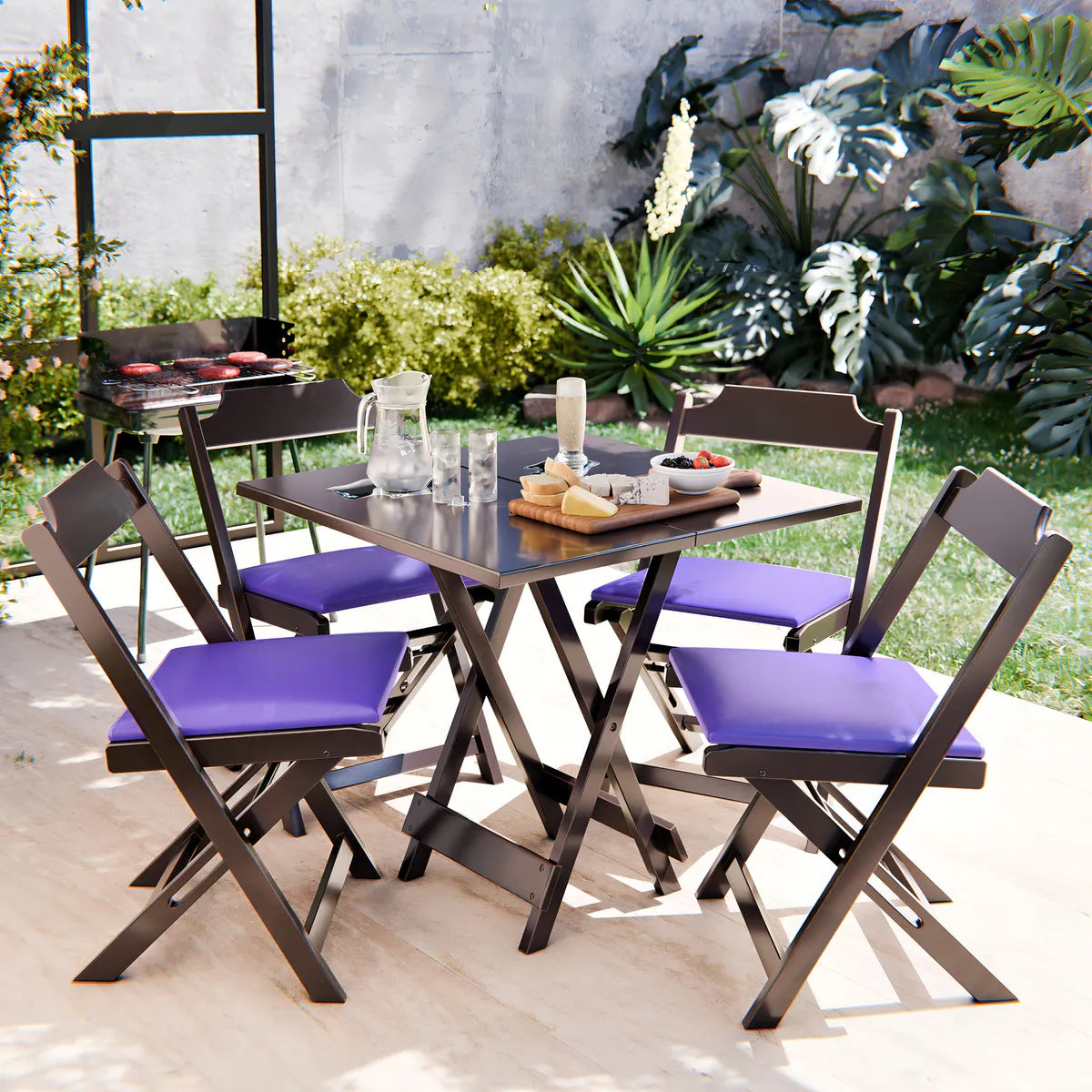 Conjunto Dobrável Madeira Maciça 70X70cm, 4 Cadeiras - Estofado Azul