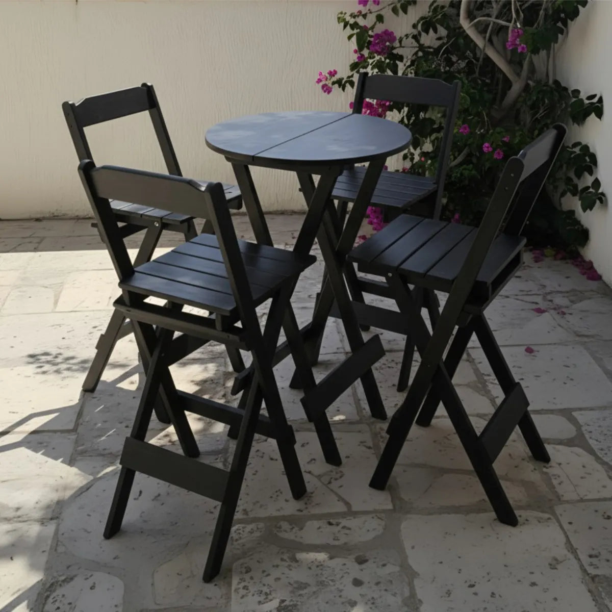 Jogo Mesa Dobravel Bistrô C/4 Banquetas Altas Madeira Maciça - Cor PRETO