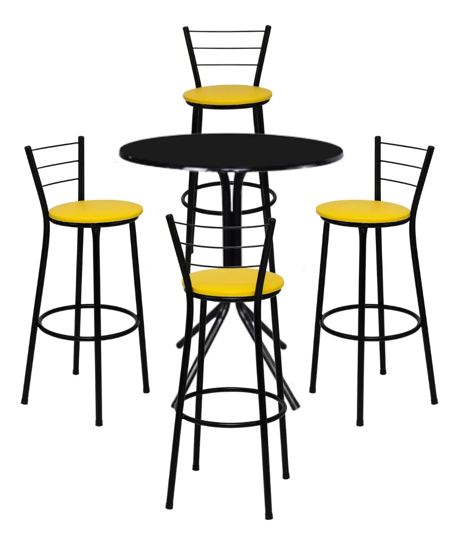 [AMARELO] - Jogo 4 Banqueta Alta 3 Arames Clássica + Mesa Bistrô Redonda