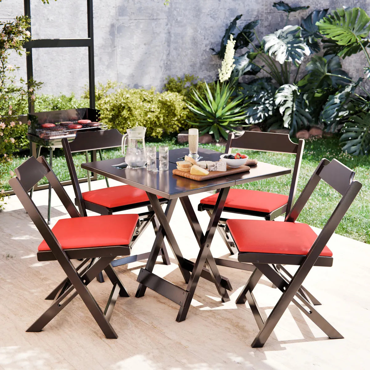 Conjunto Dobrável Madeira Maciça 70X70cm, 4 Cadeiras - Estofado Vermelho